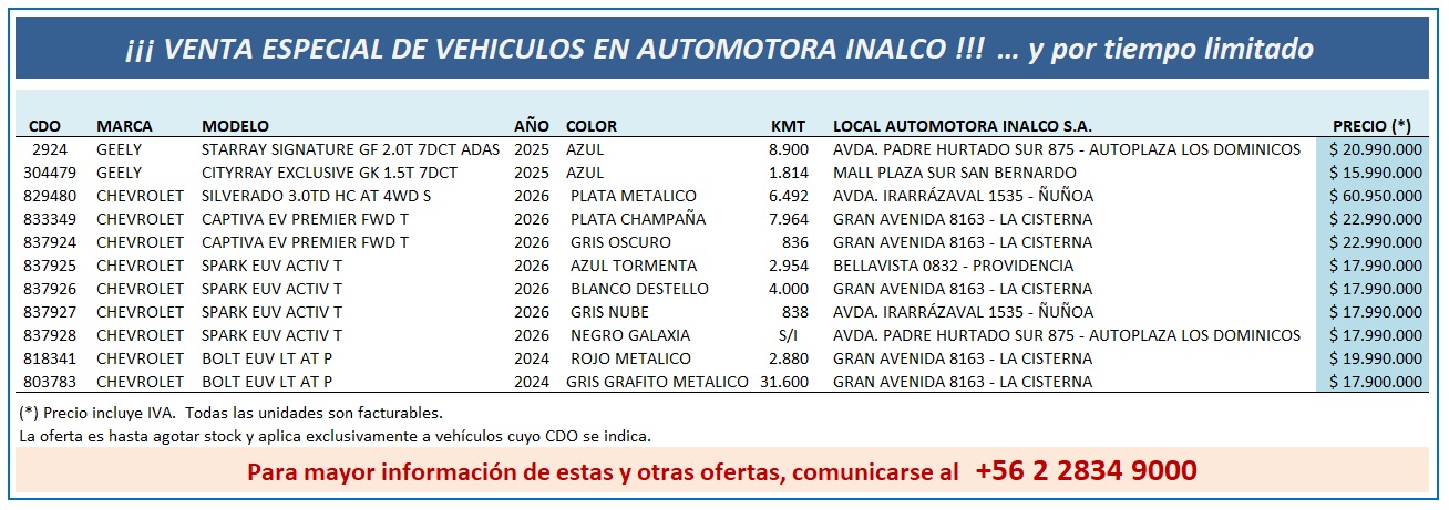 Venta especial de vehículos en Automotora Inalco